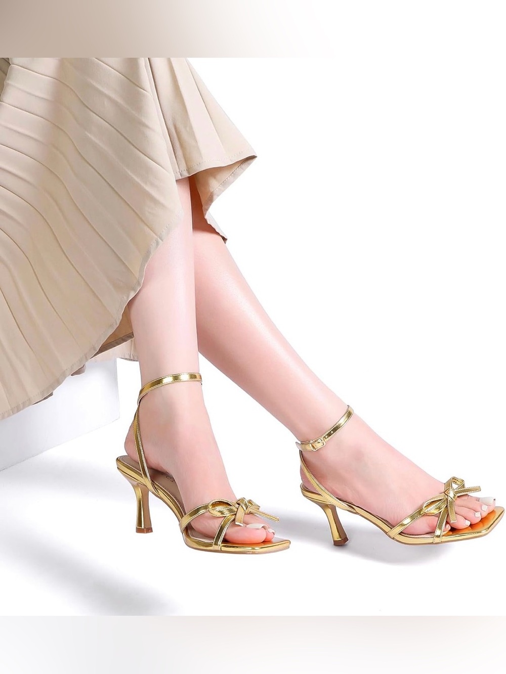 Goderci Kitten Heels with Bow Strappy Heels for Women size 7.5 Gold